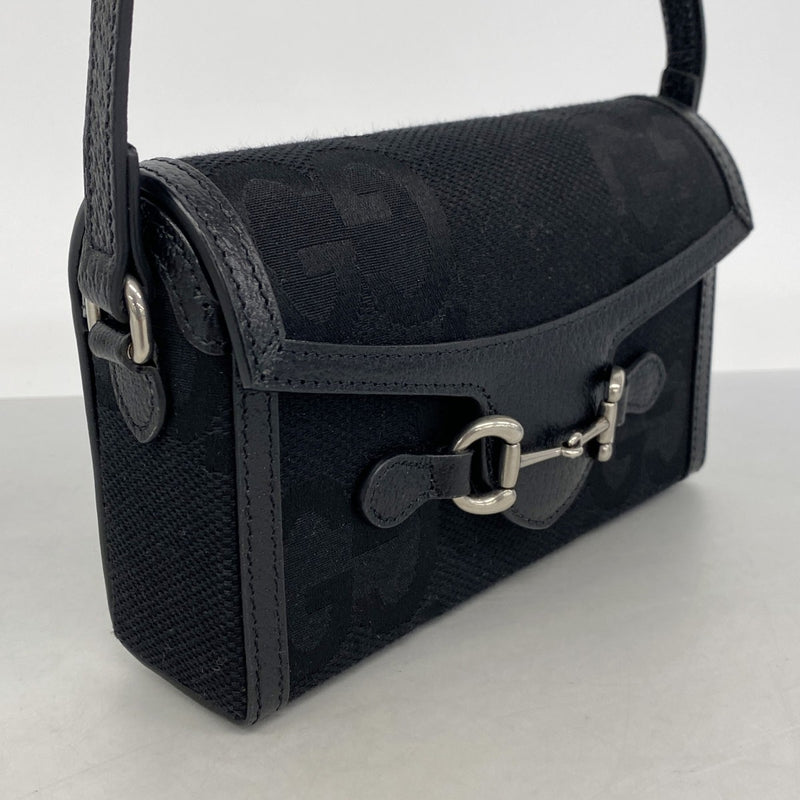 【6gd4386-k】グッチ ショルダーバッグ ホースビット ジャンボGG 699296 キャンバス ブラック シルバー金具【中古】レディース