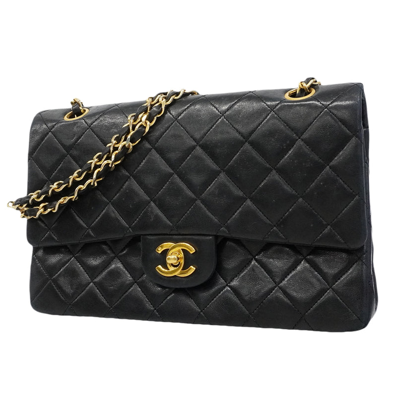 【6gd4431】シャネル ショルダーバッグ マトラッセ Wフラップ Wチェーン ラムスキン ブラック ゴールド金具【中古】レディース