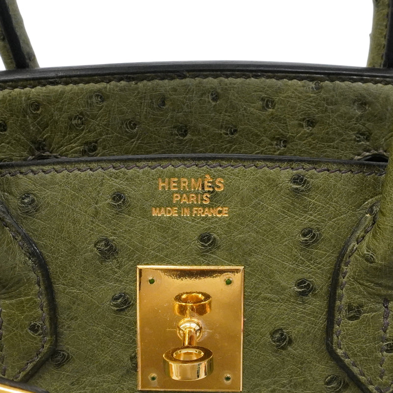 【6gd4447】エルメス ハンドバッグ バーキン30 オーストリッチ オリーブグリーン ゴールド金具 □D刻印【中古】レディース