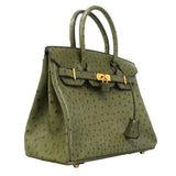 【6gd4447】エルメス ハンドバッグ バーキン30 オーストリッチ オリーブグリーン ゴールド金具 □D刻印【中古】レディース