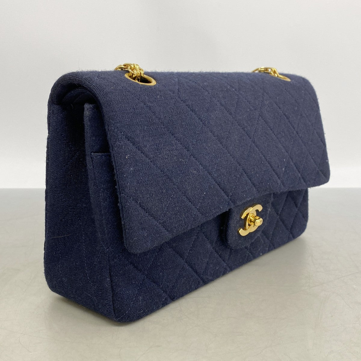 【6gd4488-k】シャネル ショルダーバッグ マトラッセ Wフラップ Wチェーン ジャージ ネイビー ゴールド金具【中古】レディース