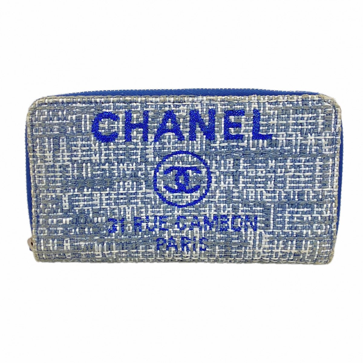 【6gd4506-k】シャネル 財布 ドーヴィル ツイード ブルー シルバー金具【中古】レディース