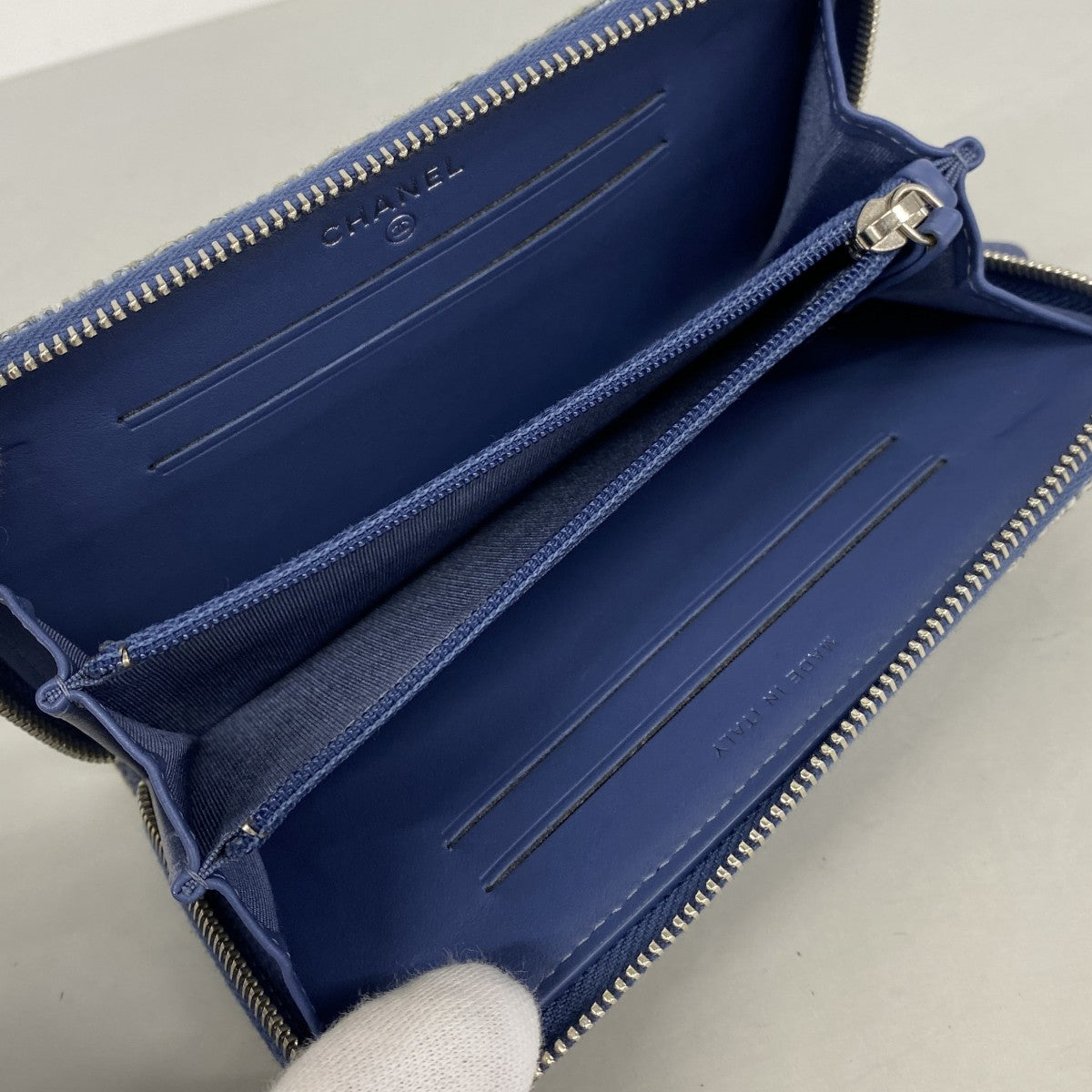 【6gd4506-k】シャネル 財布 ドーヴィル ツイード ブルー シルバー金具【中古】レディース