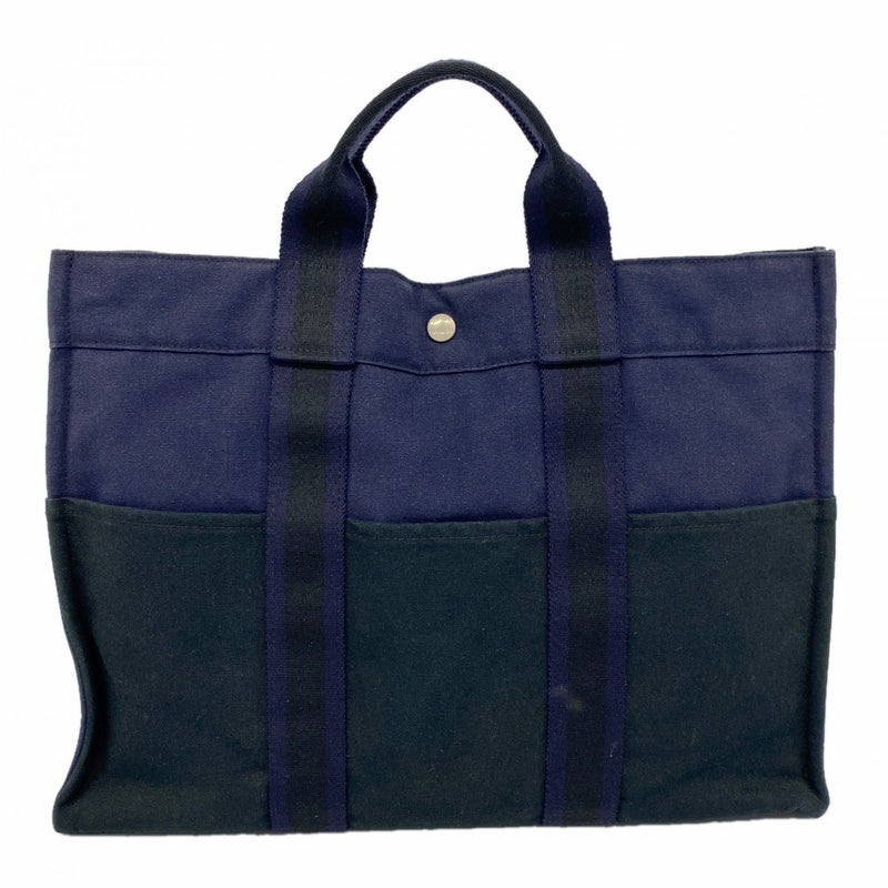 【6gd4557-k】エルメス トートバッグ フールトゥMM キャンバス ブラック ネイビー シルバー金具【中古】メンズ レディース ユニセックス