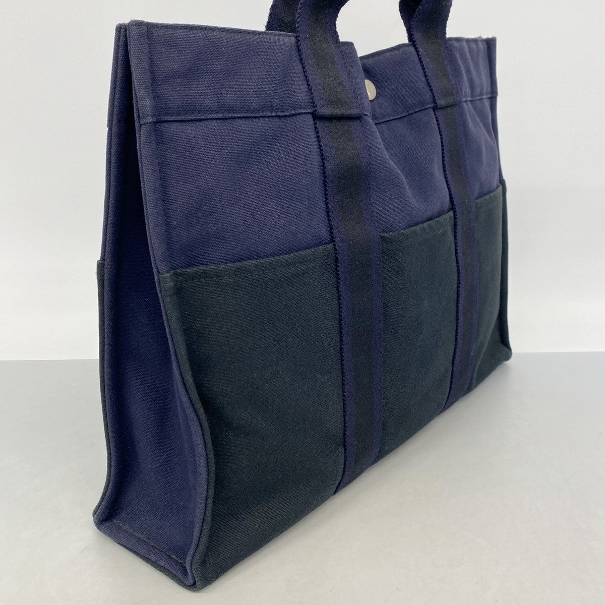 【6gd4557-k】エルメス トートバッグ フールトゥMM キャンバス ブラック ネイビー シルバー金具【中古】メンズ レディース ユニセックス