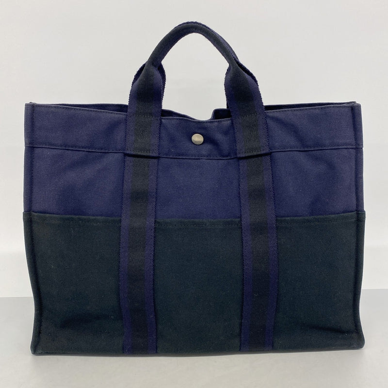 【6gd4557-k】エルメス トートバッグ フールトゥMM キャンバス ブラック ネイビー シルバー金具【中古】メンズ レディース ユニセックス