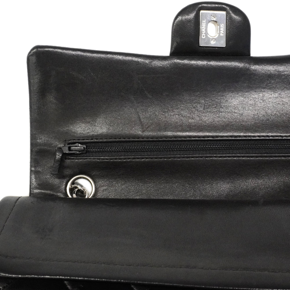 【6gd4693-h】シャネル ショルダーバッグ マトラッセ Wフラップ Wチェーン ラムスキン ブラック シルバー金具【中古】レディース