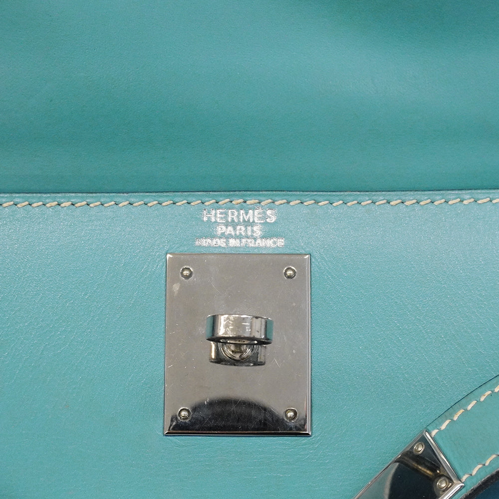 【6gd4694-h】エルメス ハンドバッグ ケリー28 ボックスカーフ ブルージーン シルバー金具 □E刻印 2wayバッグ【中古】レディース
