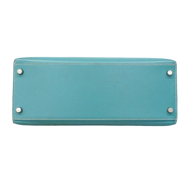 【6gd4694-h】エルメス ハンドバッグ ケリー28 ボックスカーフ ブルージーン シルバー金具 □E刻印 2wayバッグ【中古】レディース