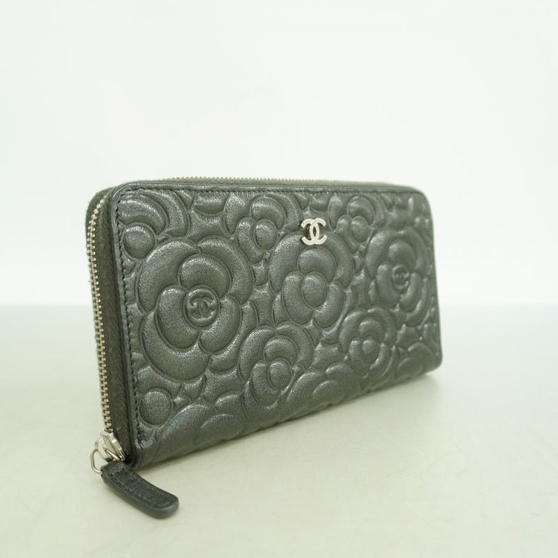 【6gd4732-k】シャネル 長財布 カメリア レザー ダークグレー シルバー金具【中古】レディース