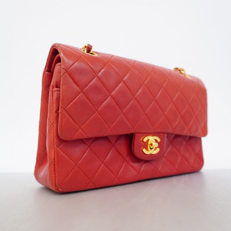 【6gd4746-k】シャネル ショルダーバッグ マトラッセ Wフラップ Wチェーン ラムスキン レッド ゴールド金具【中古】レディース