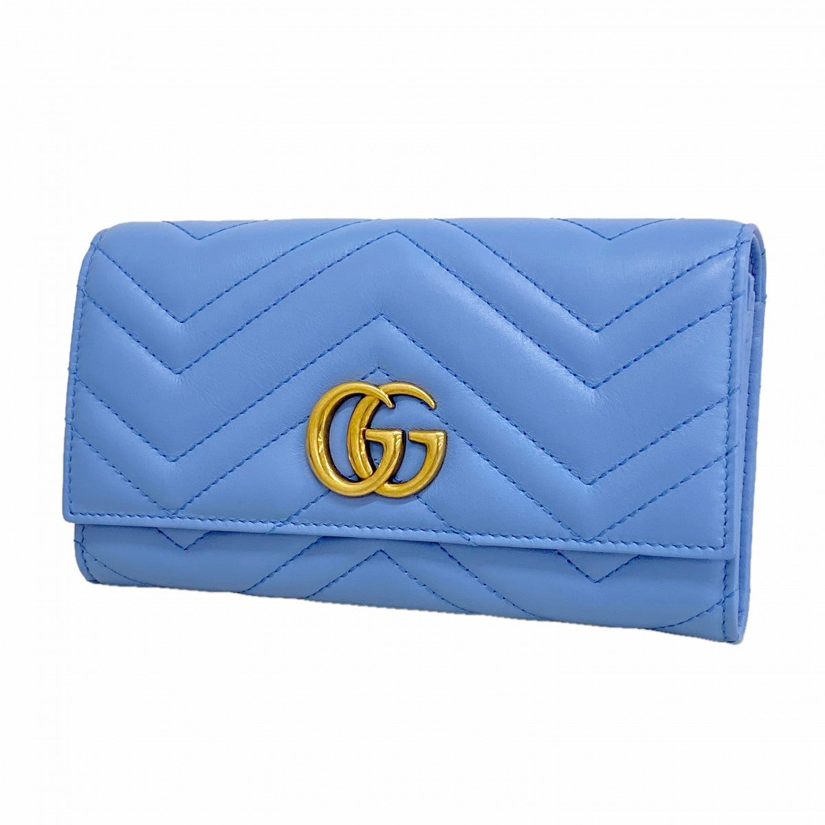 【6gd4755-k】グッチ 長財布 GGマーモント 443436 レザー ブルー ゴールド金具【中古】レディース