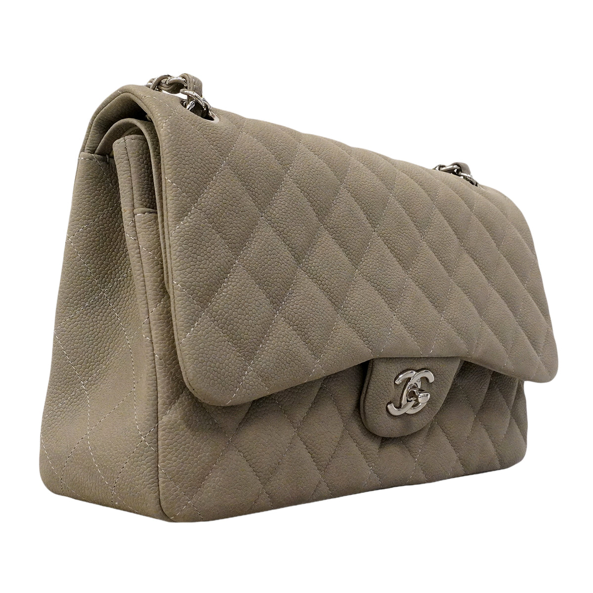【6gd4817】シャネル ショルダーバッグ デカマトラッセ Wフラップ Wチェーン キャビアスキン グレー シルバー金具【中古】レディース