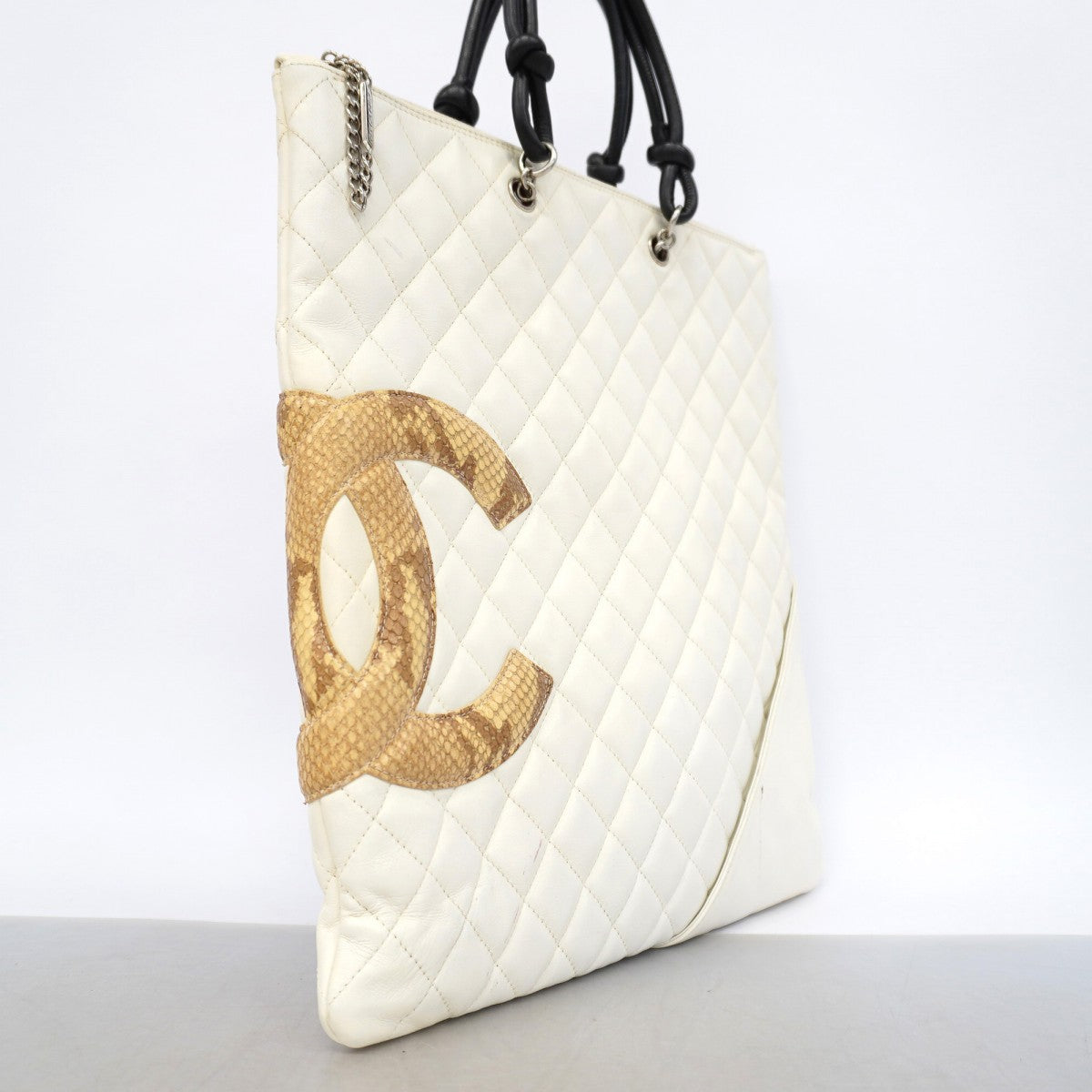 【6gd4871】シャネル トートバッグ カンボン ラムスキン パイソン ホワイト ブラウン シルバー金具【中古】レディース