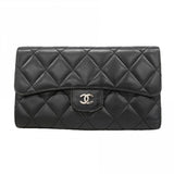 【6gd4898-k】シャネル 三つ折り長財布 マトラッセ ラムスキン ブラック シルバー金具【中古】レディース