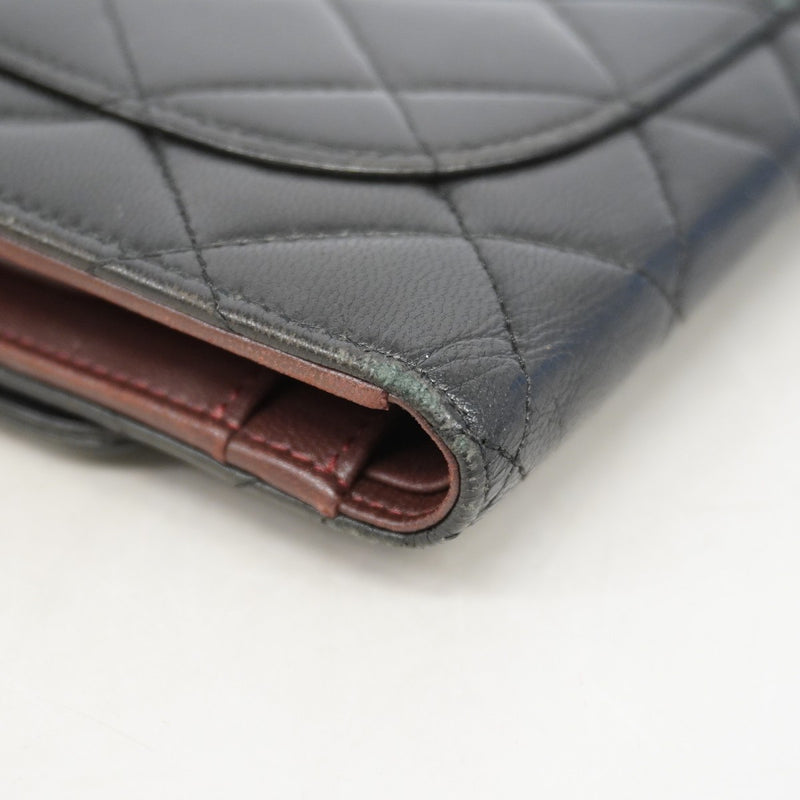 【6gd4898-k】シャネル 三つ折り長財布 マトラッセ ラムスキン ブラック シルバー金具【中古】レディース