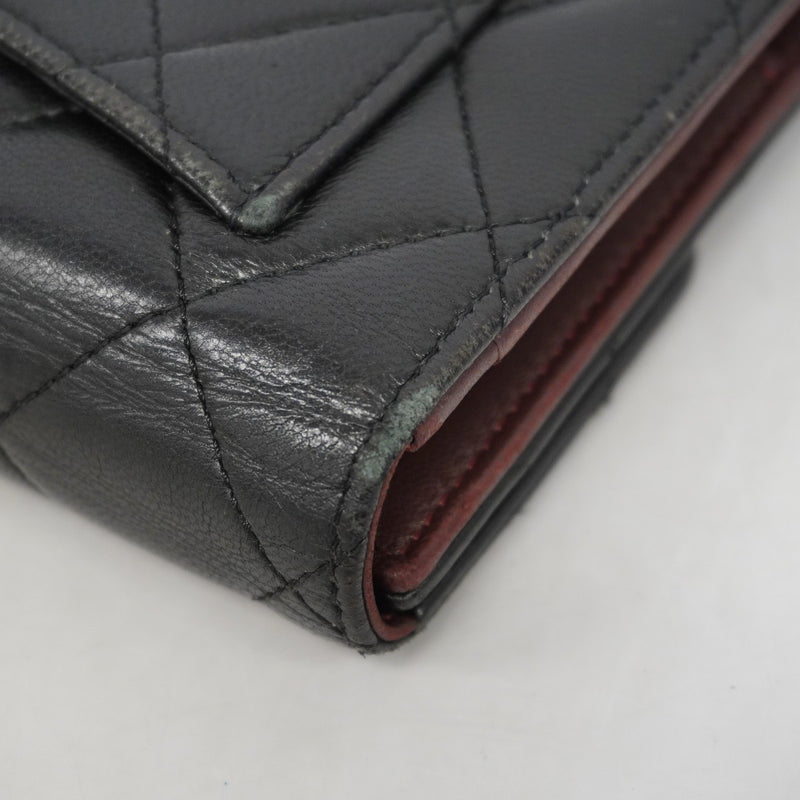 【6gd4898-k】シャネル 三つ折り長財布 マトラッセ ラムスキン ブラック シルバー金具【中古】レディース