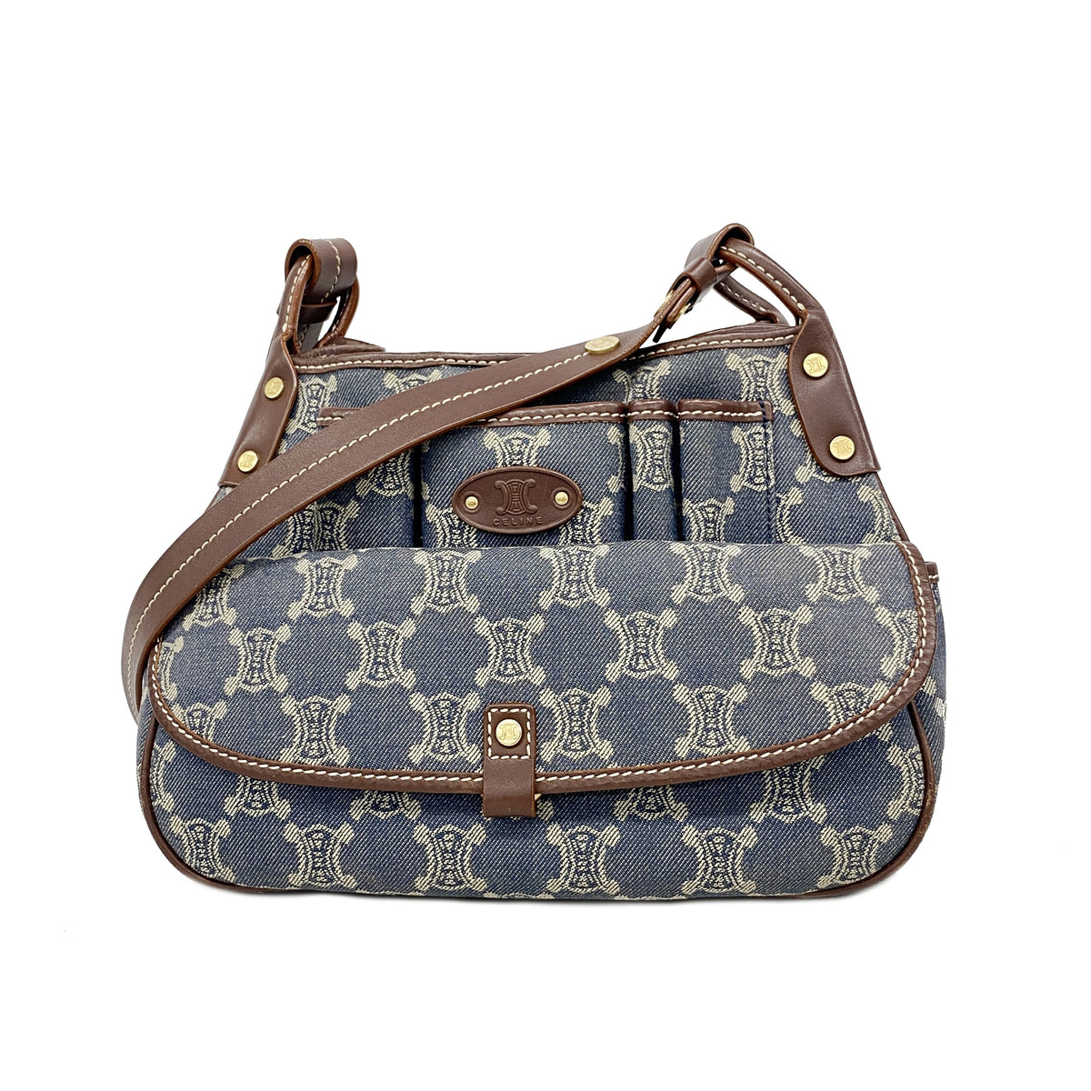 【6gd4939】セリーヌ ショルダーバッグ Cマカダム デニム ブルー ゴールド金具【中古】レディース