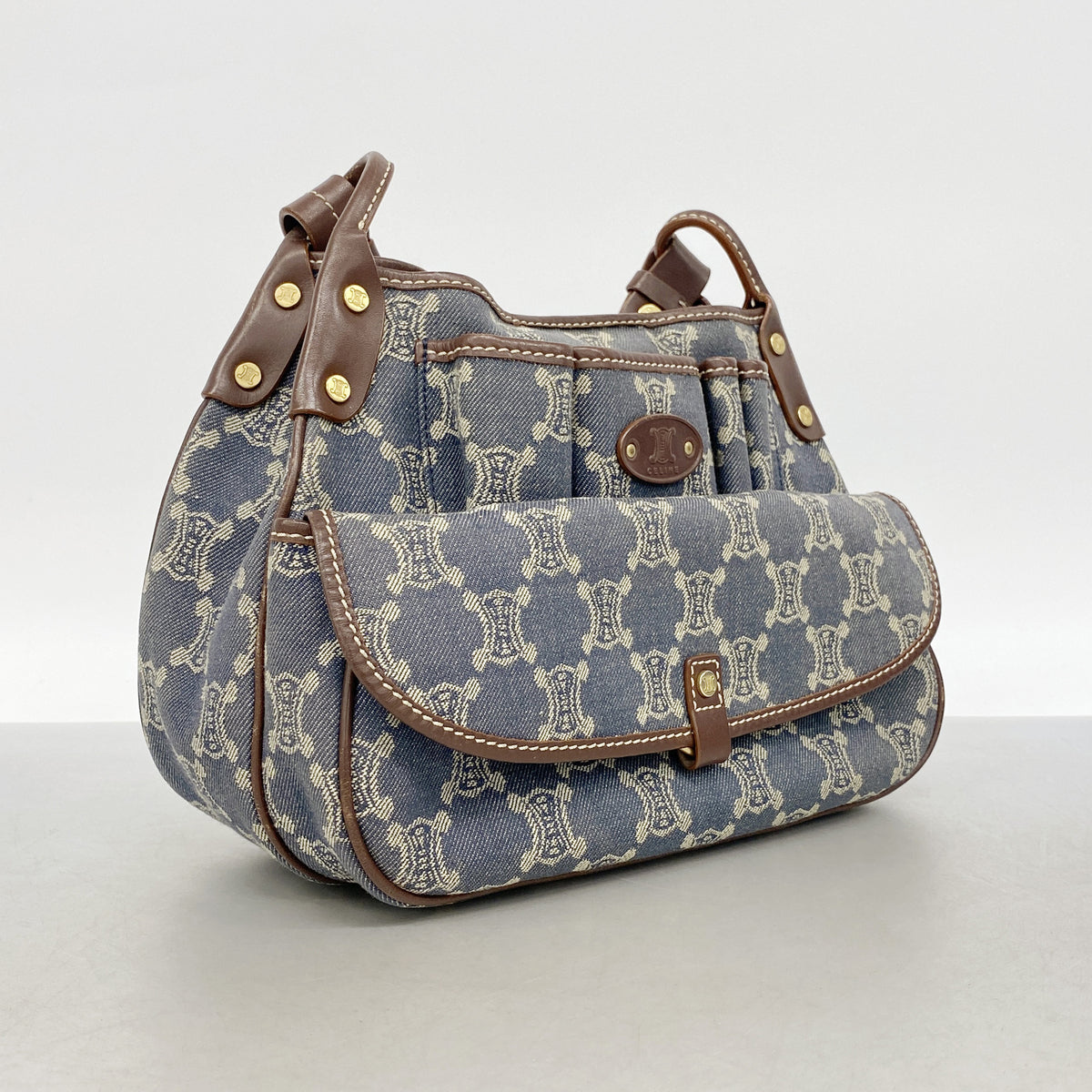 【6gd4939】セリーヌ ショルダーバッグ Cマカダム デニム ブルー ゴールド金具【中古】レディース