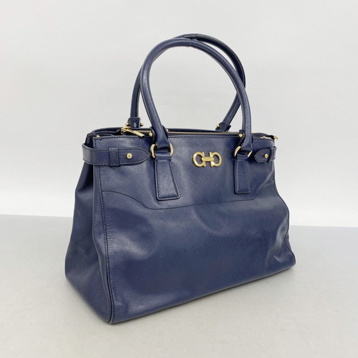 【6gd5035】サルヴァトーレフェラガモ ハンドバッグ ガンチーニ レザー ネイビー ゴールド金具 2wayバッグ【中古】レディース