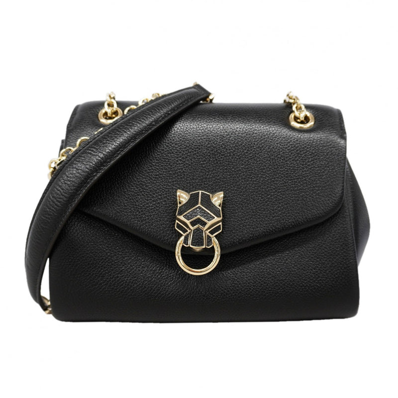 【6gd5186】カルティエ ショルダーバッグ パンテール レザー ブラック シャンパンゴールド金具【中古】レディース