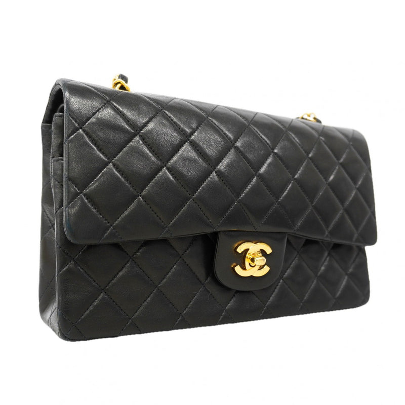 【6gd5187】シャネル ショルダーバッグ マトラッセ Wフラップ Wチェーン ラムスキン ブラック ゴールド金具【中古】レディース