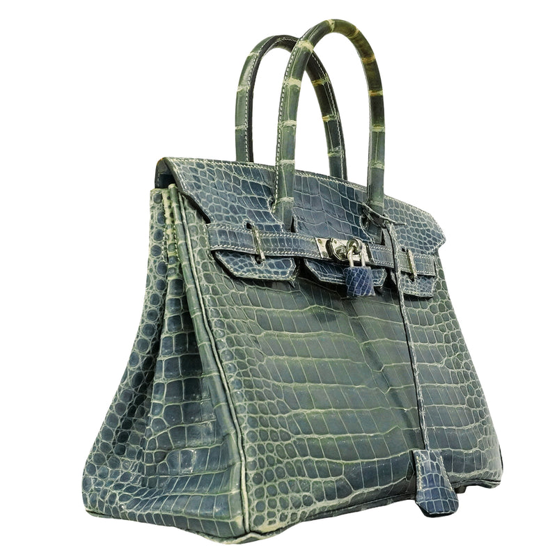 【6gd5309-g】エルメス ハンドバッグ バーキン30 アリゲーター ブルージーン シルバー金具 □F刻印【中古】レディース
