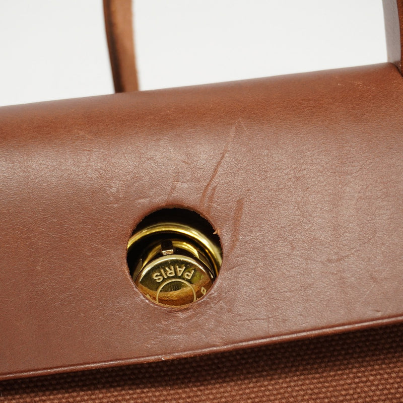 【6gd5314】エルメス ハンドバッグ エールバッグPM トワルアッシュ ブラウン シャンパンゴールド金具 □E刻印 2wayバッグ【中古】レディース