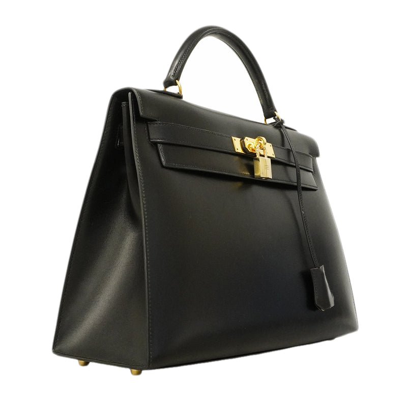 【6ge5417-h】エルメス ハンドバッグ ケリー32 ボックスカーフ ブラック ゴールド金具 〇W刻印 2wayバッグ【中古】レディース