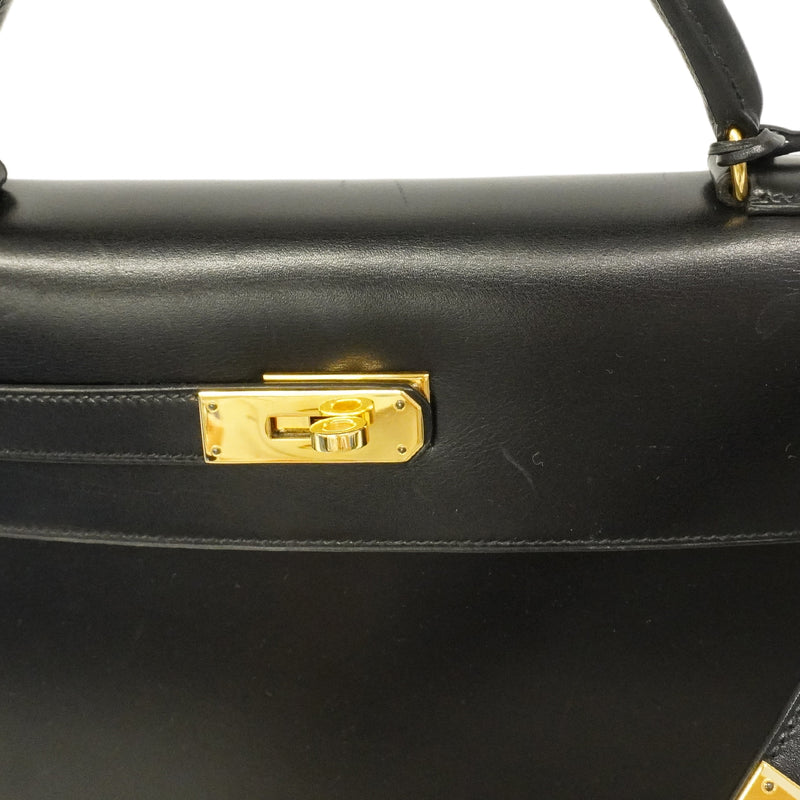 【6ge5417-h】エルメス ハンドバッグ ケリー32 ボックスカーフ ブラック ゴールド金具 〇W刻印 2wayバッグ【中古】レディース