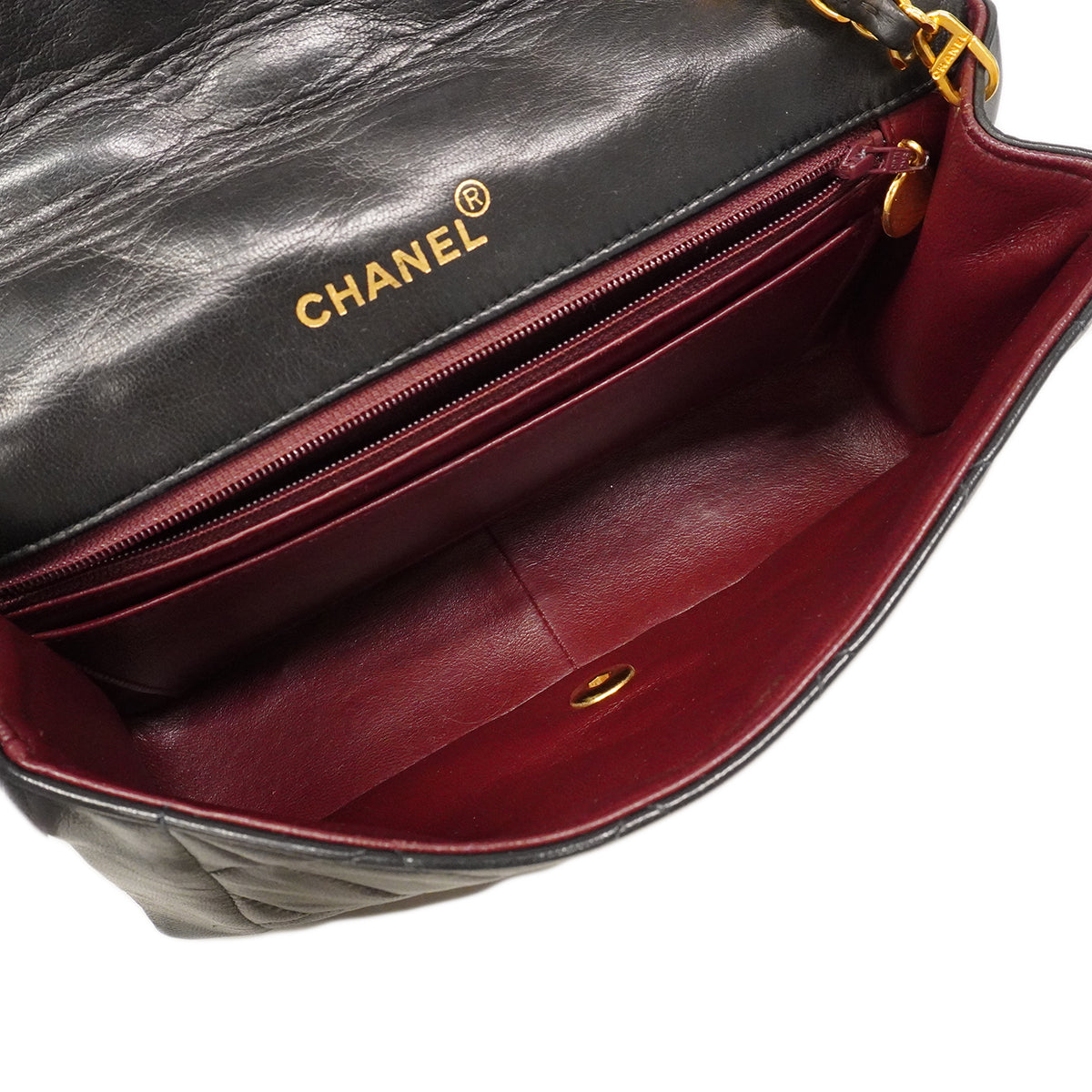 【6ge5479】シャネル ショルダーバッグ ダイアナ チェーンショルダー ラムスキン ブラック ゴールド金具【中古】レディース