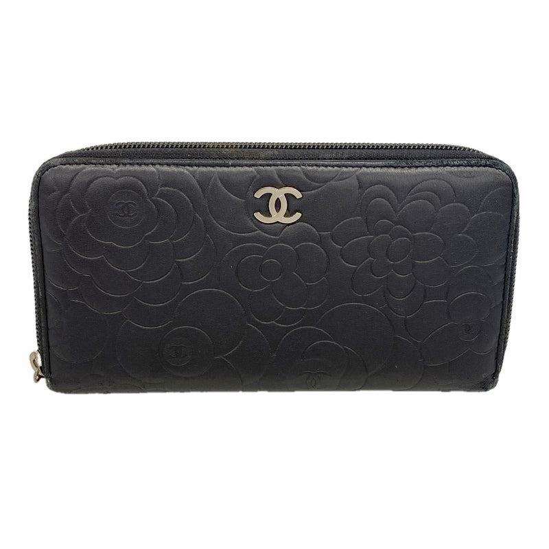 【6ge5532】シャネル 長財布 カメリア ラムスキン ブラック シルバー金具【中古】レディース
