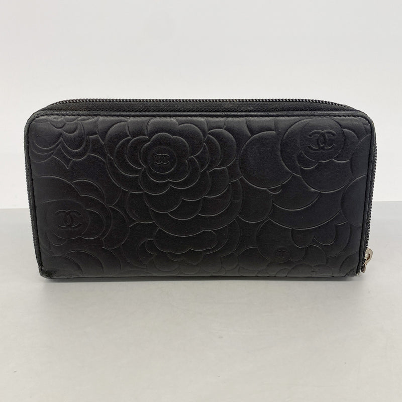 【6ge5532】シャネル 長財布 カメリア ラムスキン ブラック シルバー金具【中古】レディース