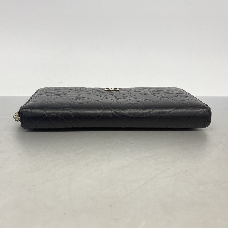 【6ge5532】シャネル 長財布 カメリア ラムスキン ブラック シルバー金具【中古】レディース