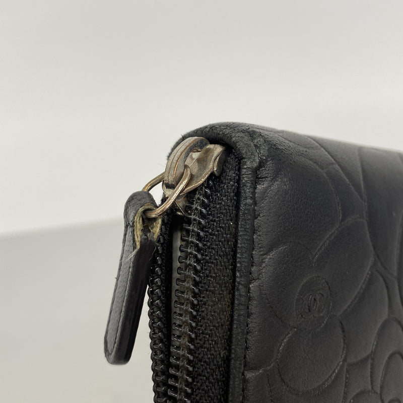 【6ge5532】シャネル 長財布 カメリア ラムスキン ブラック シルバー金具【中古】レディース