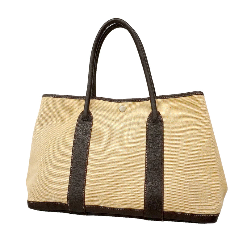 【6ge5711-h】エルメス トートバッグ ガーデンパーティPM トワルアッシュ ブラウン ベージュ シルバー金具 □G刻印【中古】レディース