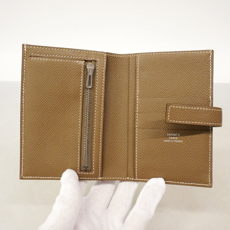 【6ge5727】エルメス 財布 パッサンコンパクト ヴォーエプソン エトゥープ シルバー金具 W刻印【中古】レディース