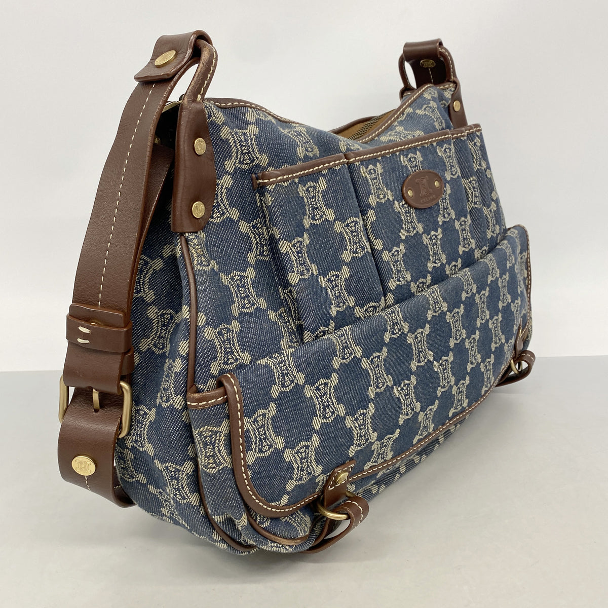 【6ge5784-k】セリーヌ ショルダーバッグ パリマカダム デニム ブルー ゴールド金具【中古】レディース