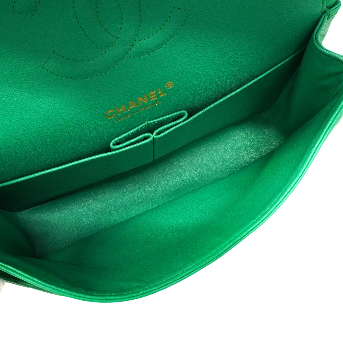 【6ge5955-h】シャネル ショルダーバッグ マトラッセ Wフラップ Wチェーン ラムスキン グリーン ゴールド金具【中古】レディース