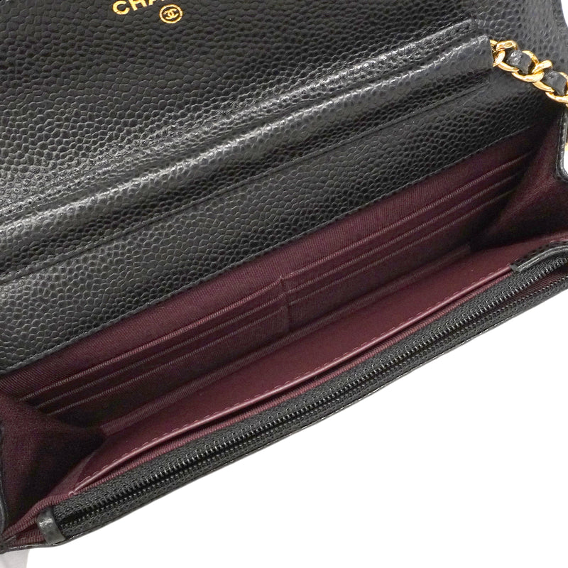 【6ge6138】シャネル ショルダーウォレット マトラッセ チェーンショルダー キャビアスキン ブラック ゴールド金具【中古】レディース
