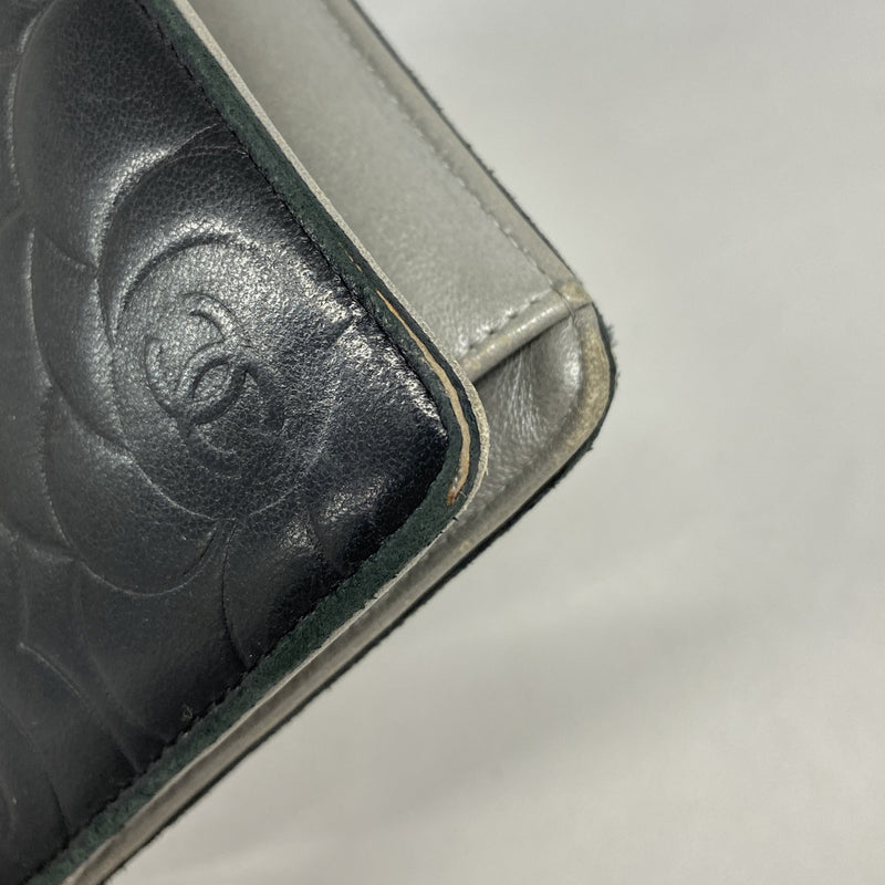 【6ge6410-k】シャネル 長財布 カメリア ラムスキン ブラック シルバー金具【中古】レディース