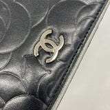 【6ge6410-k】シャネル 長財布 カメリア ラムスキン ブラック シルバー金具【中古】レディース
