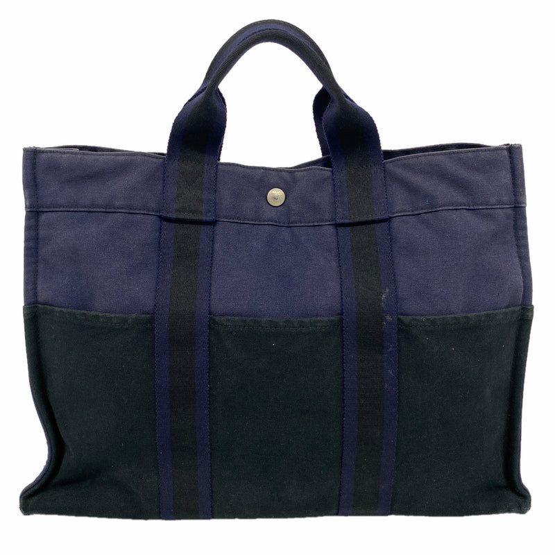 【6ge6419】エルメス トートバッグ フールトゥMM キャンバス ブラック ネイビー シルバー金具【中古】メンズ レディース ユニセックス