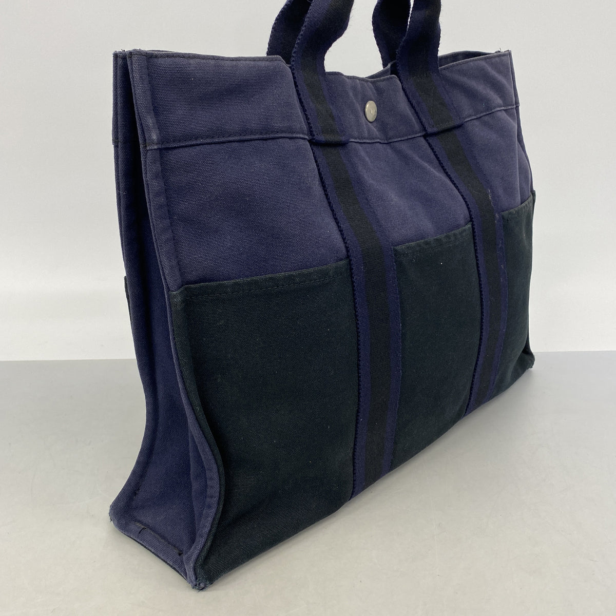 【6ge6419】エルメス トートバッグ フールトゥMM キャンバス ブラック ネイビー シルバー金具【中古】メンズ レディース ユニセックス