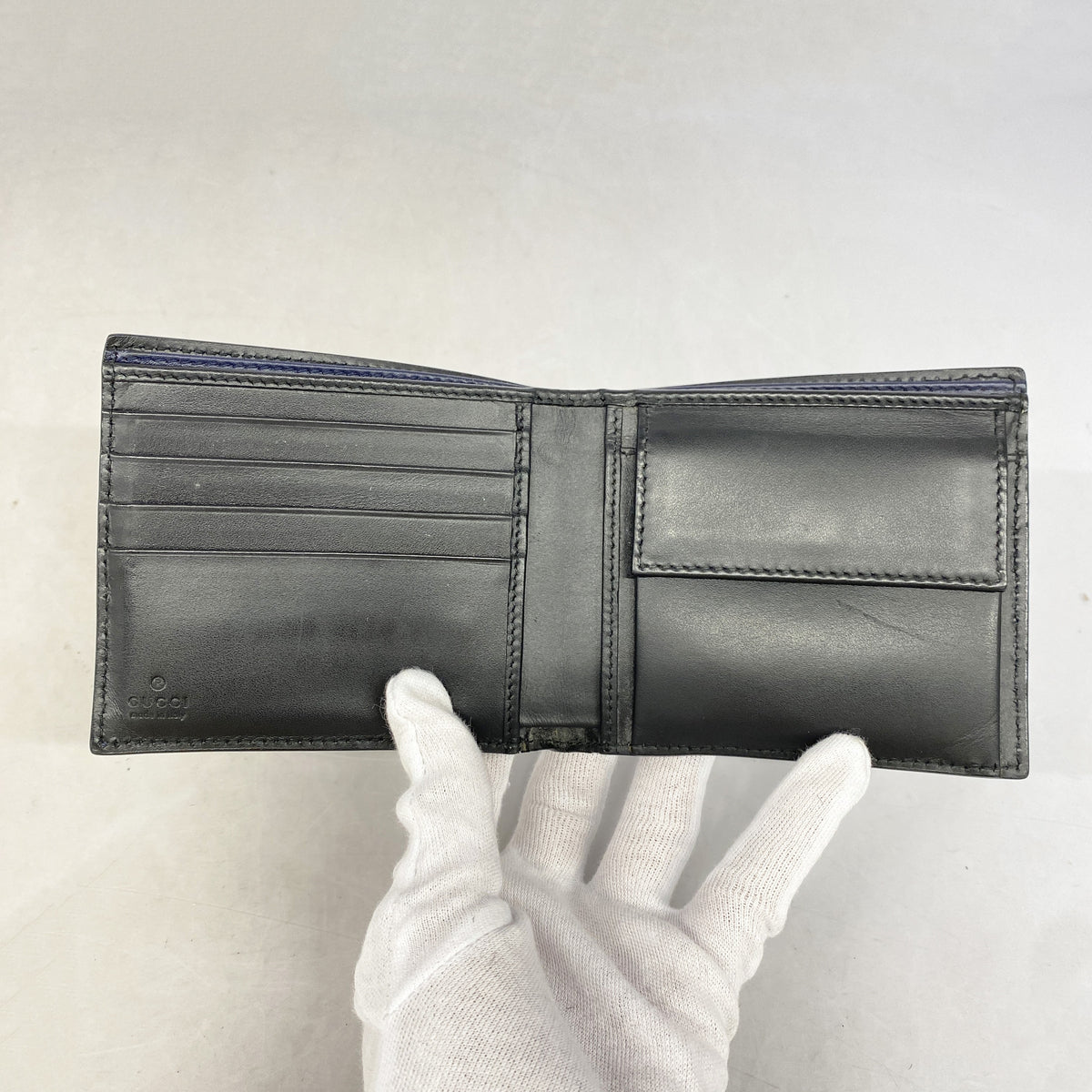 【6ge6439-k】グッチ 財布 グッチシマ 365487 レザー ブラック ネイビー シルバー金具【中古】メンズ