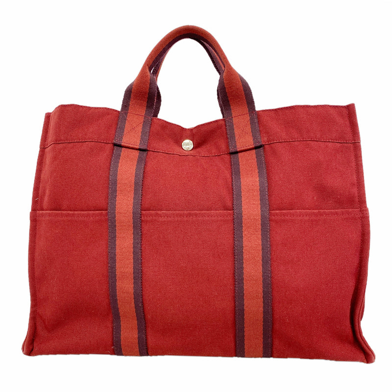 【6ge6489-k】エルメス トートバッグ フールトゥMM キャンバス レッド シルバー金具【中古】メンズ レディース ユニセックス