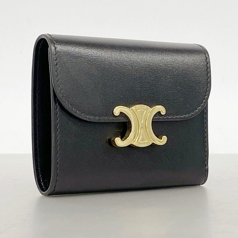 【6ge6494】セリーヌ 三つ折り財布 トリオンフ レザー ブラック ゴールド金具【中古】レディース