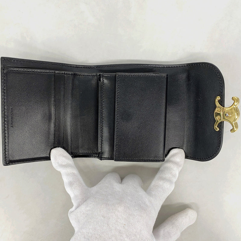 【6ge6494】セリーヌ 三つ折り財布 トリオンフ レザー ブラック ゴールド金具【中古】レディース