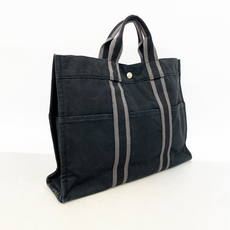 【6ge6602-k】エルメス トートバッグ フールトゥMM キャンバス ブラック シルバー金具【中古】メンズ レディース ユニセックス