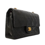 【6ge6617】シャネル ショルダーバッグ マトラッセ Wフラップ Wチェーン ラムスキン ブラック ゴールド金具【中古】レディース